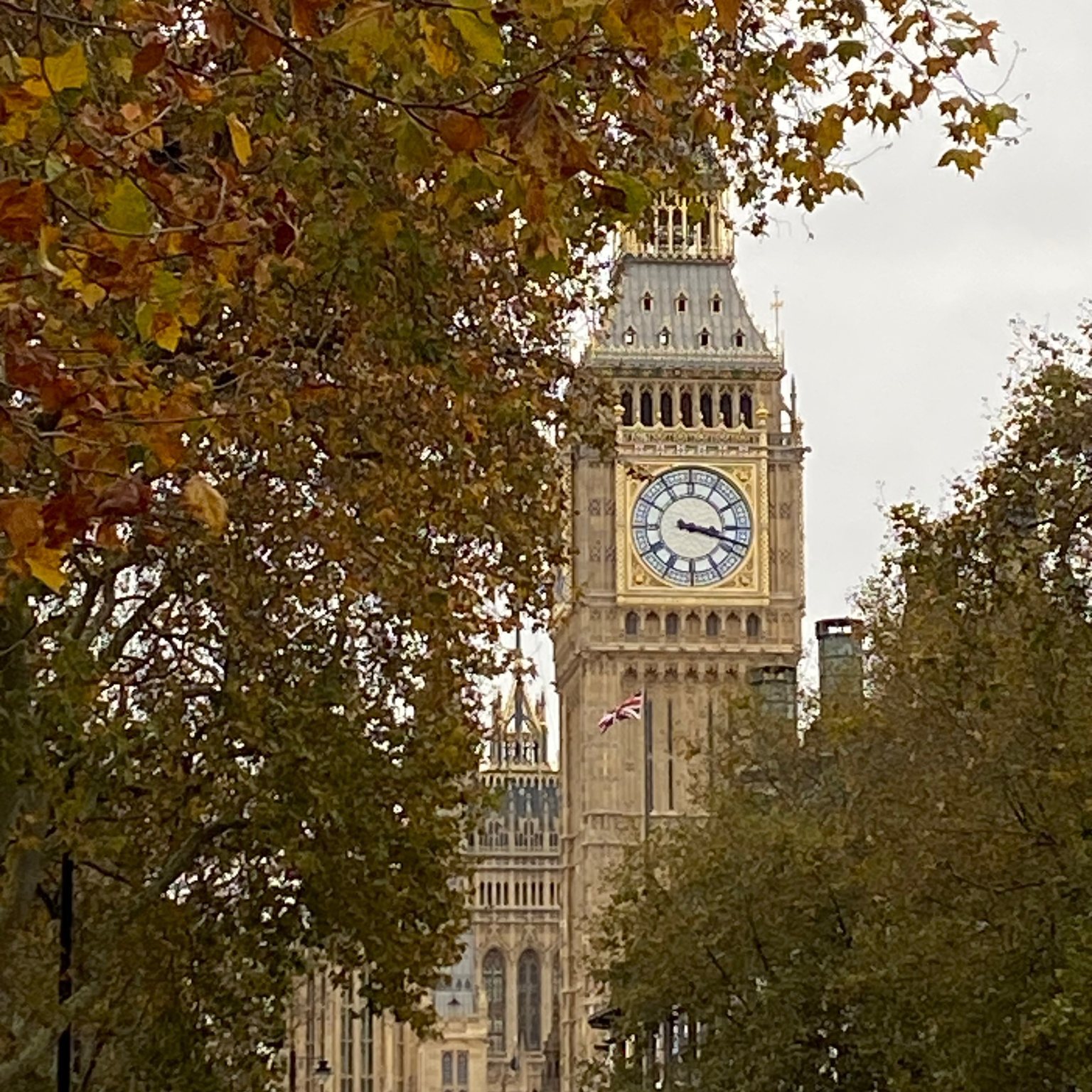 Big Ben clock tower on a fall day in London. 